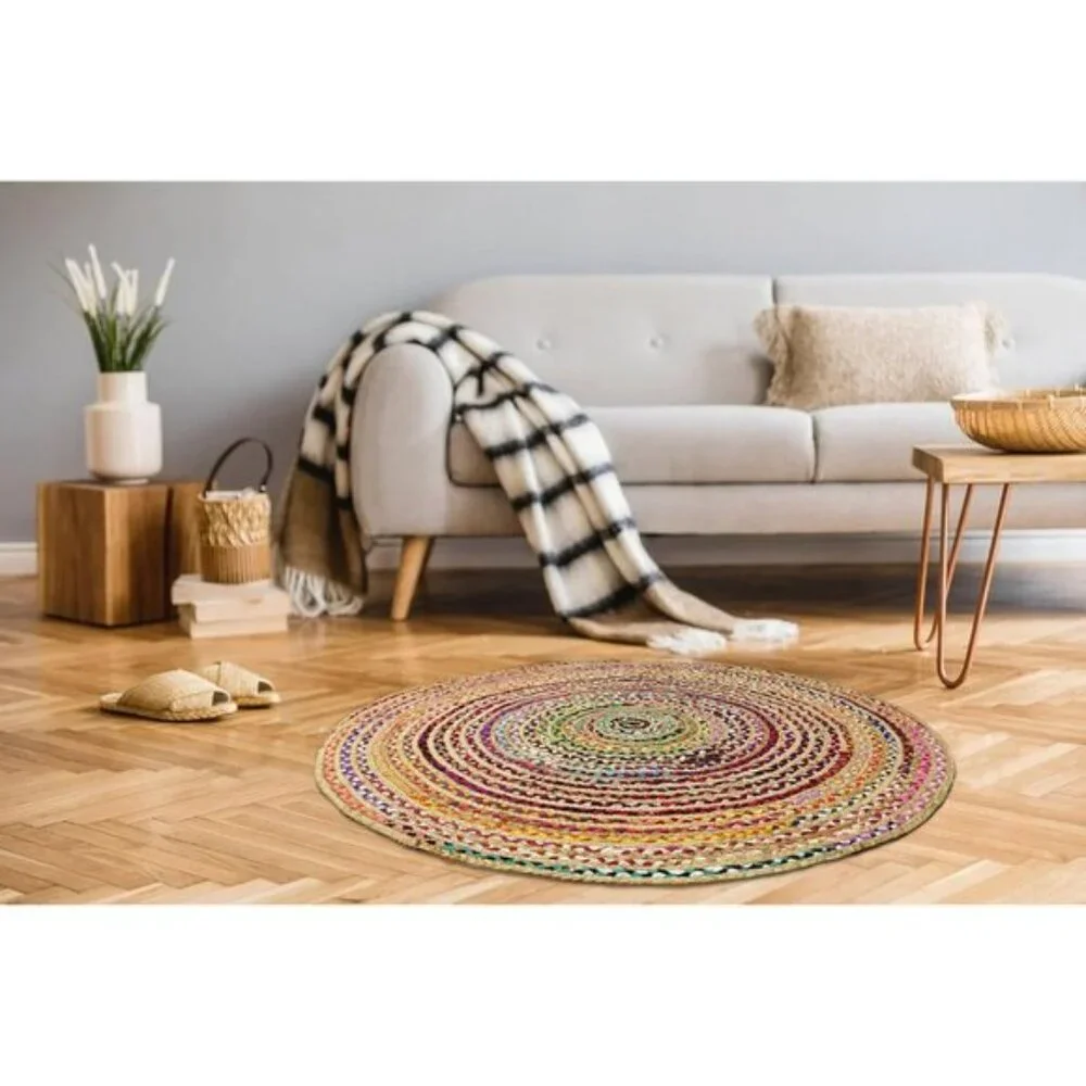 New 3ft Round Jute Cotton Chindi Rug, Boho Farmhouse Handwoven Reversible Mat